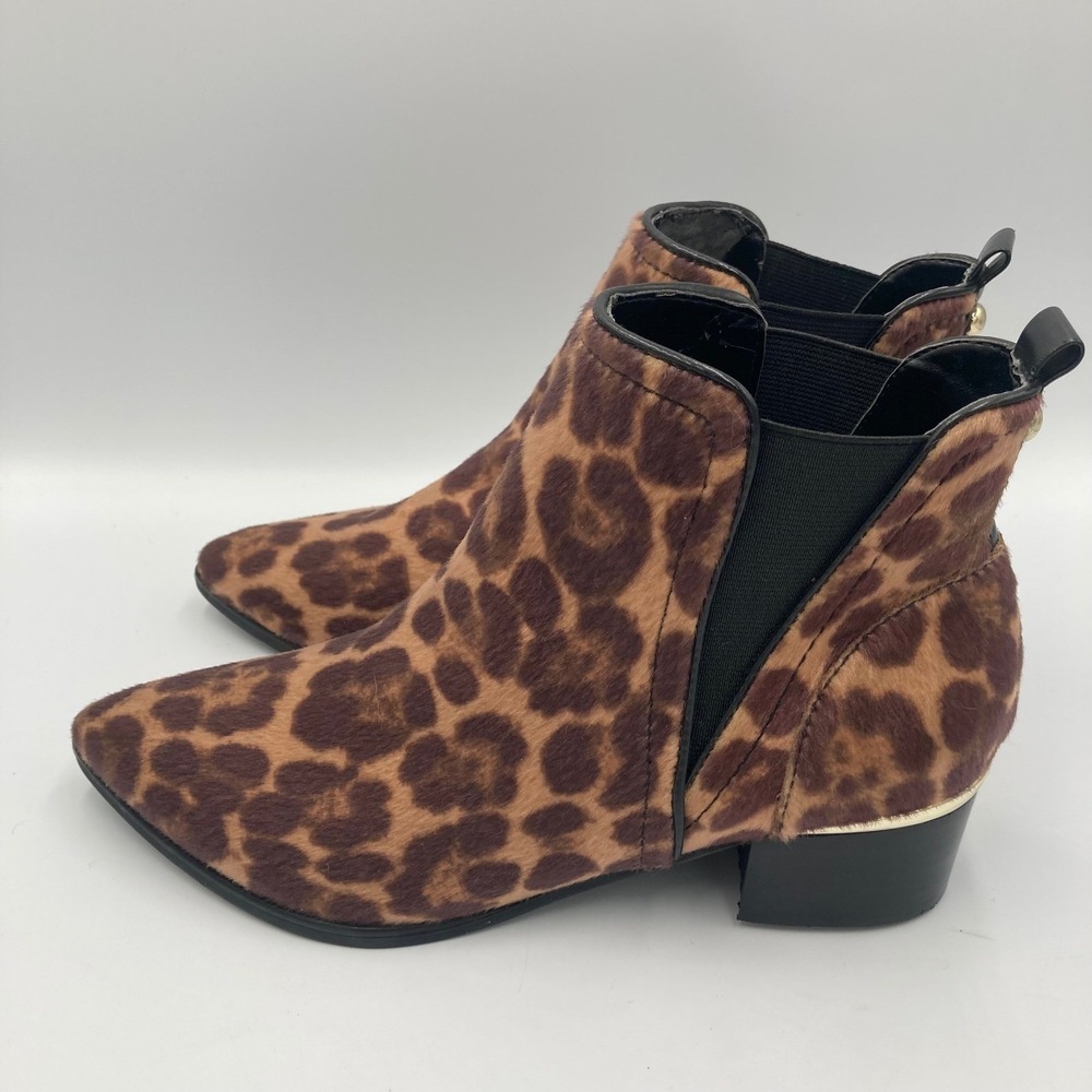 Nine West Hartyn Leopard Print Faux Fur Pointed Toe Ankle Boots Women's Size 6M‎